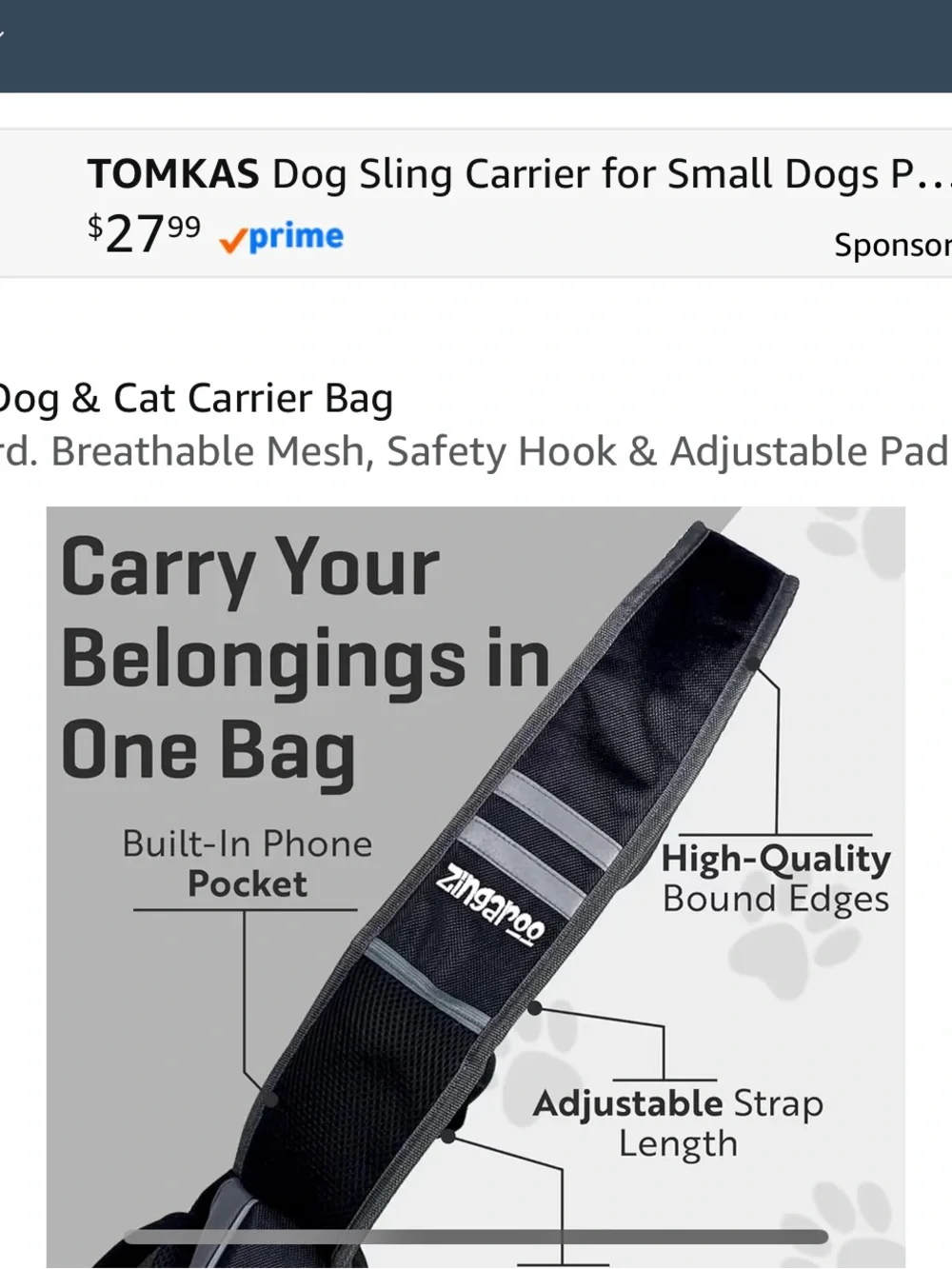 kangaROOS Pet Sling Carrier for medium size Dogs up to 15 lbs